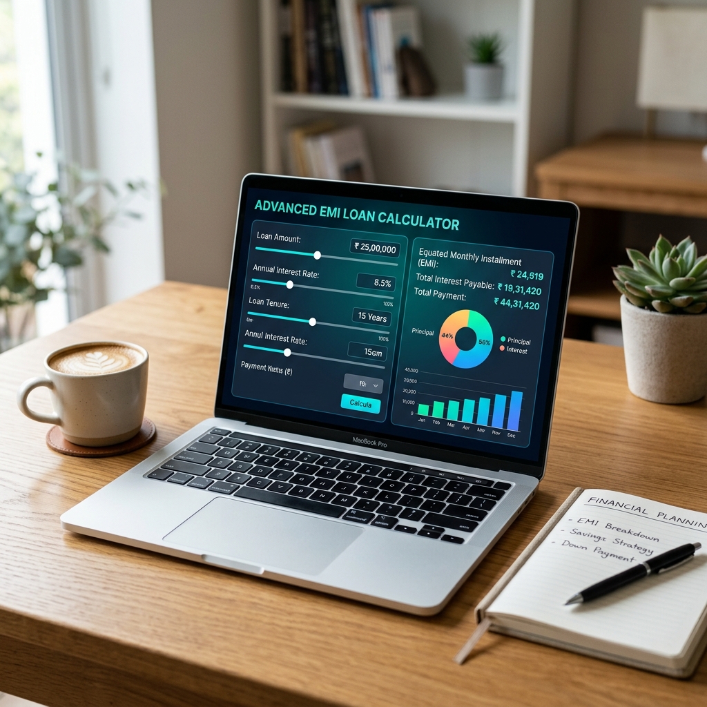 Person using an advanced EMI loan calculator for financial planning on a laptop