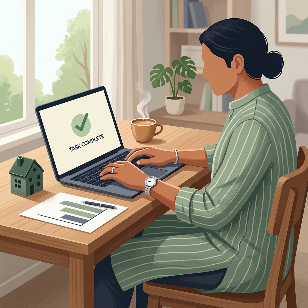 Hero illustration of a relaxed taxpayer at home desk