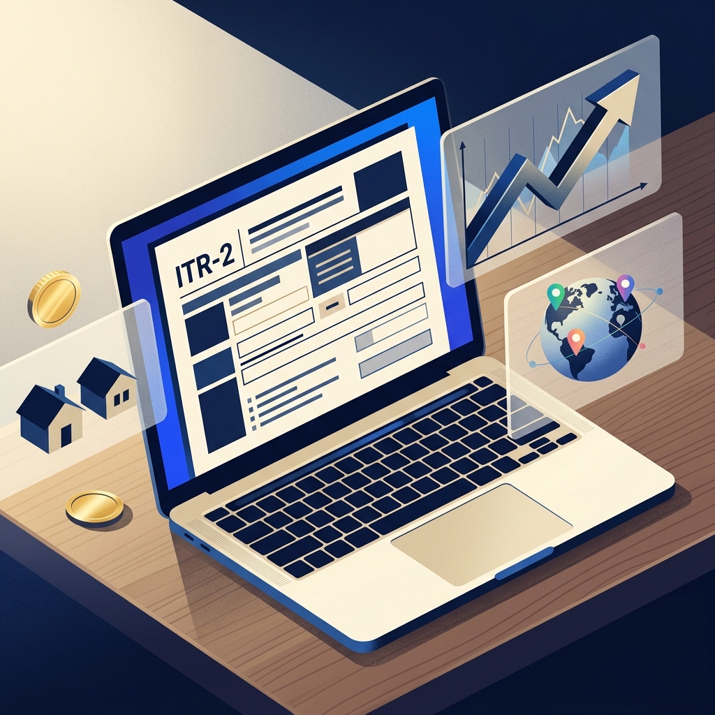 Hero illustration of a desk with ITR-2 form and floating financial icons