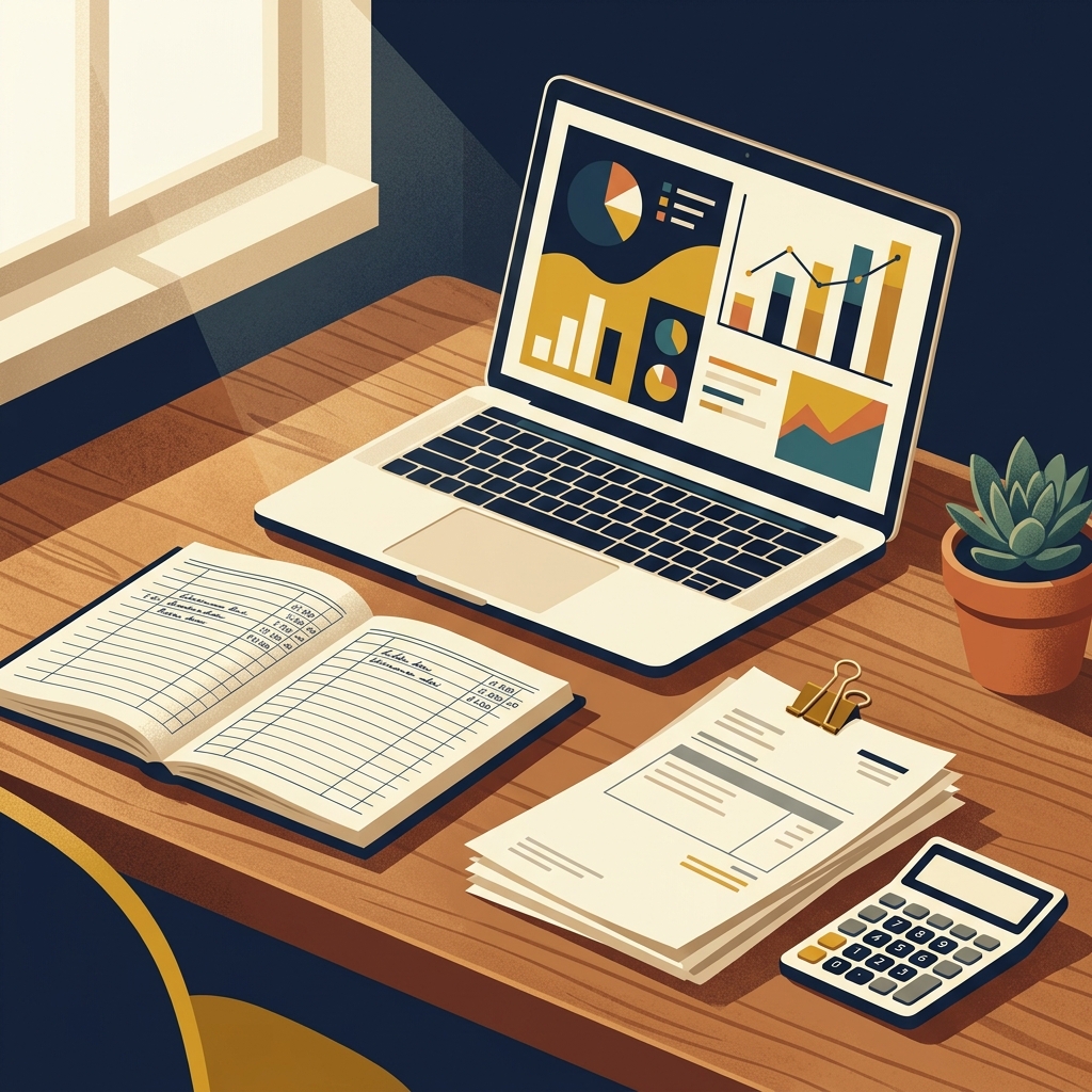 Illustration of a small business owner's desk with accounting tools