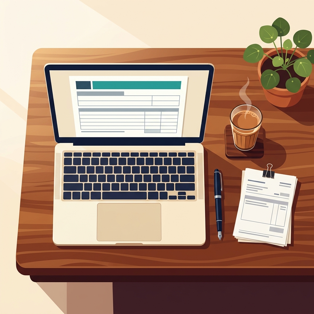 A clean, organized desk with laptop and tax return documents
