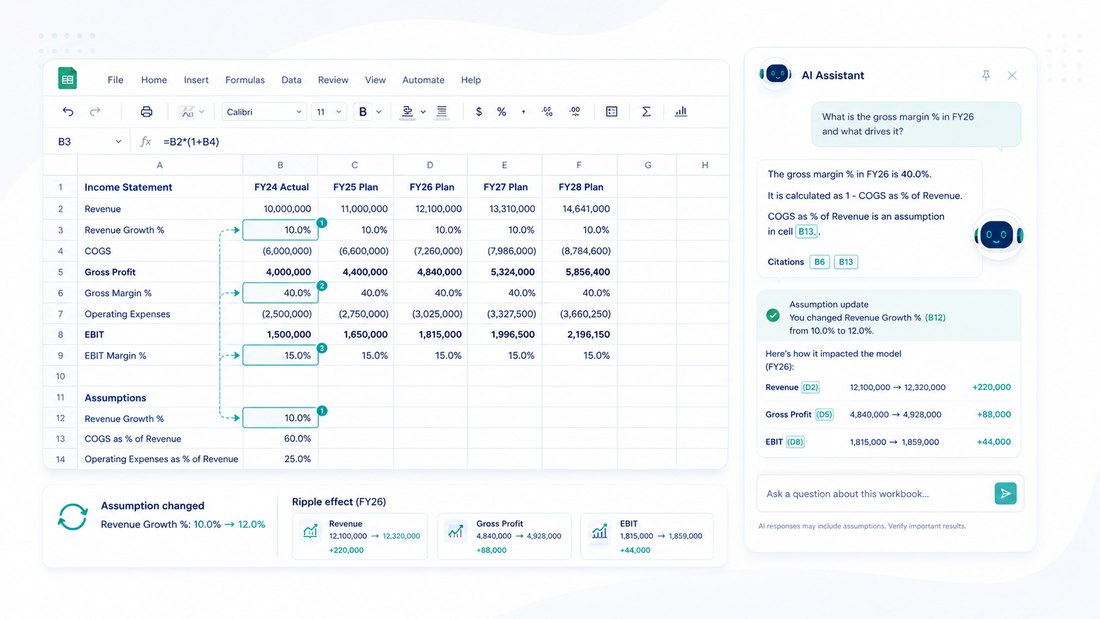 Claude for Excel sidebar with cell-level citations inside a financial model