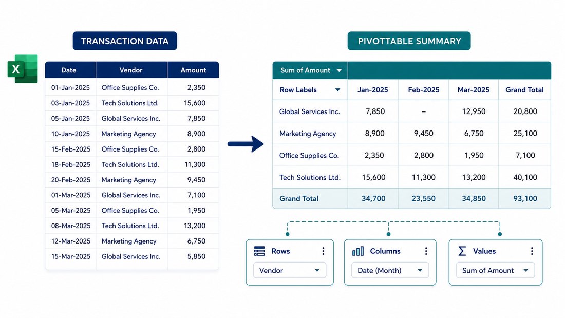 PivotTable summarising a finance transaction list into totals by vendor and month