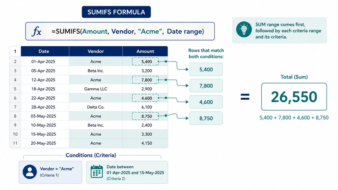 SUMIFS formula adding amounts that match a vendor and a date range in Excel