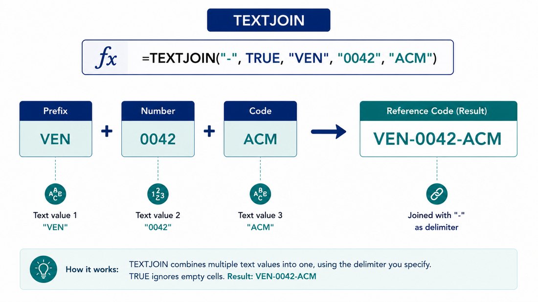 TEXTJOIN joining separate cells into one reference code in Excel