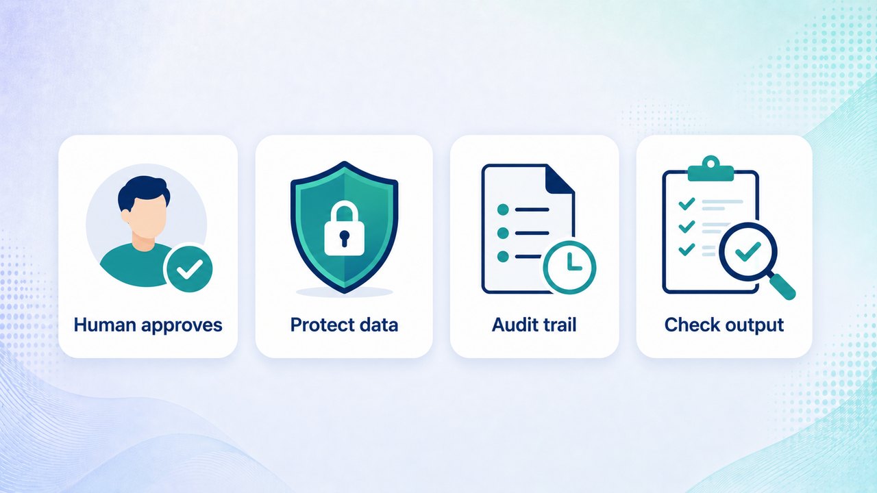 Safeguards for AI in finance and accounting: human approves, protect data, audit trail, check output