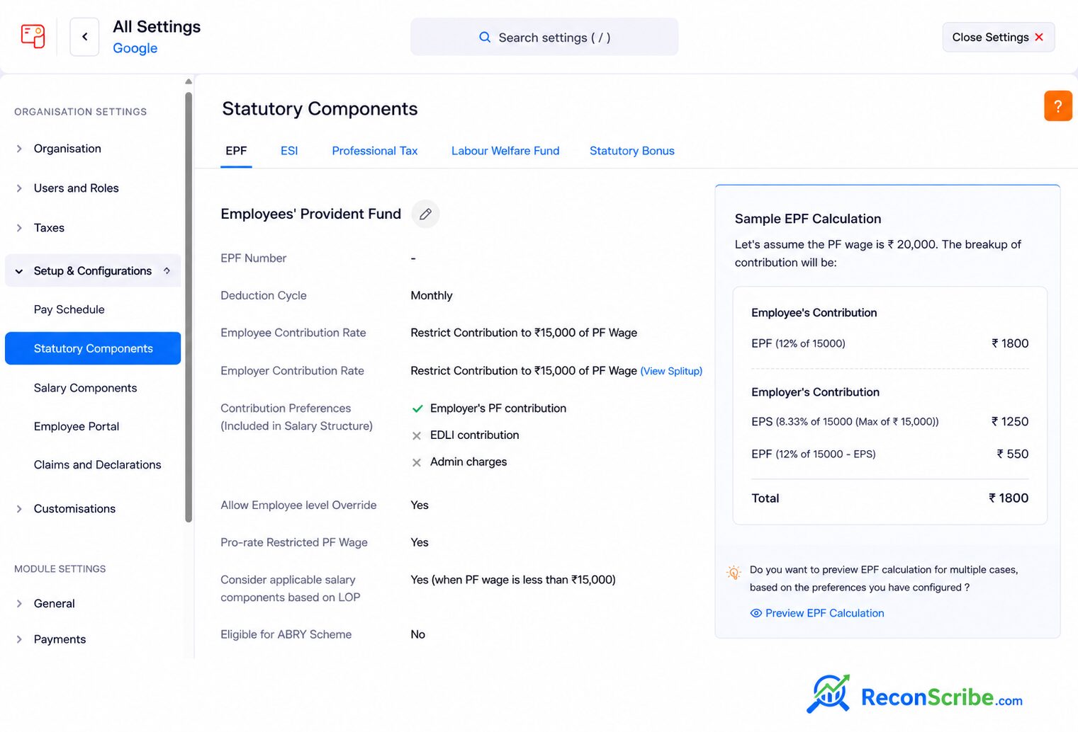Zoho Payroll EPF Setup Statutory Components Settings