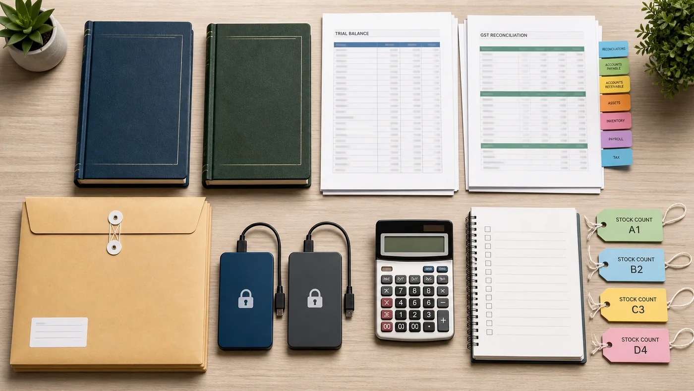 Ledger books, trial balance sheets, GST reconciliation papers, backup drives, calculator and stock-count tags