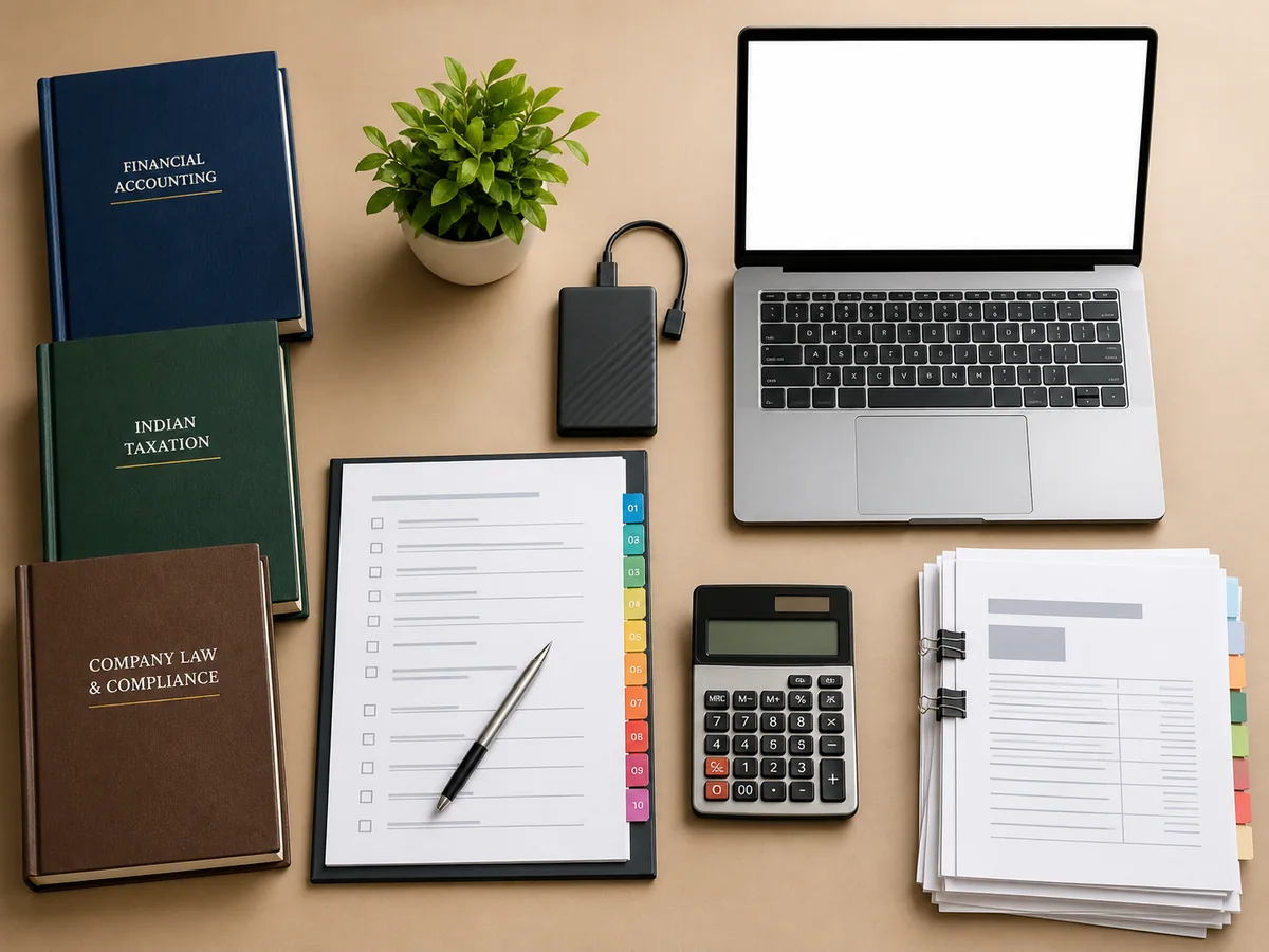 Accounting and compliance books, requirements checklist, calculator, blank laptop and source documents prepared for review