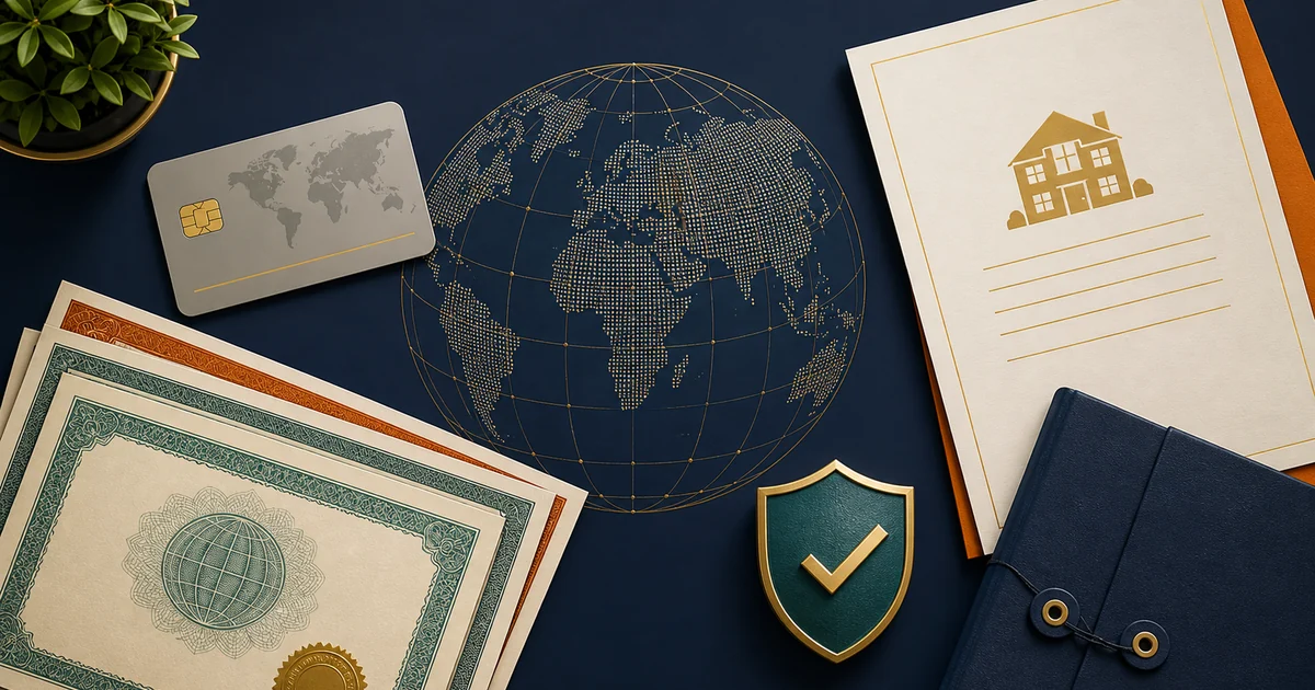 People-free illustration of foreign accounts, investments, property records and a compliance shield for FAST-DS 2026