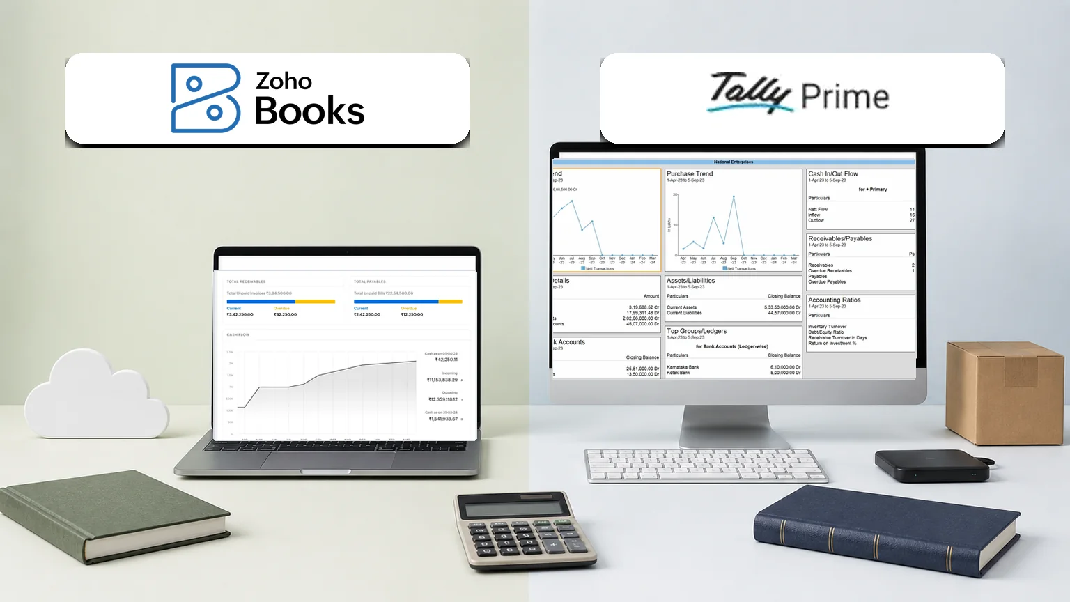 Official Zoho Books and TallyPrime product marks above their accounting dashboard screens