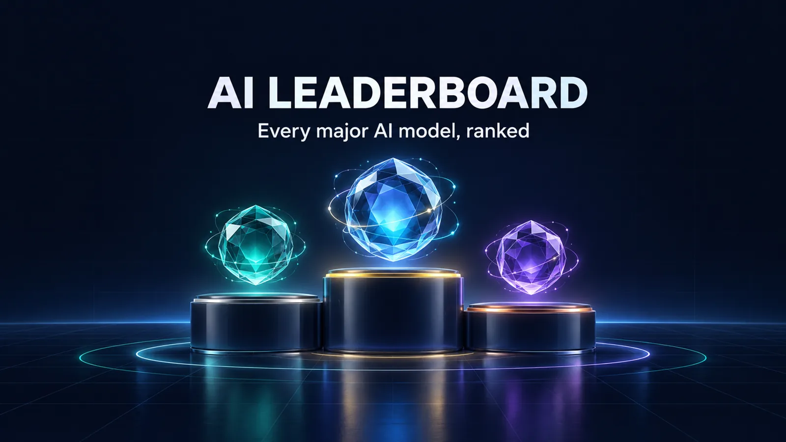 AI leaderboard 2026: three glowing AI cores on a gold, silver and bronze winners' podium