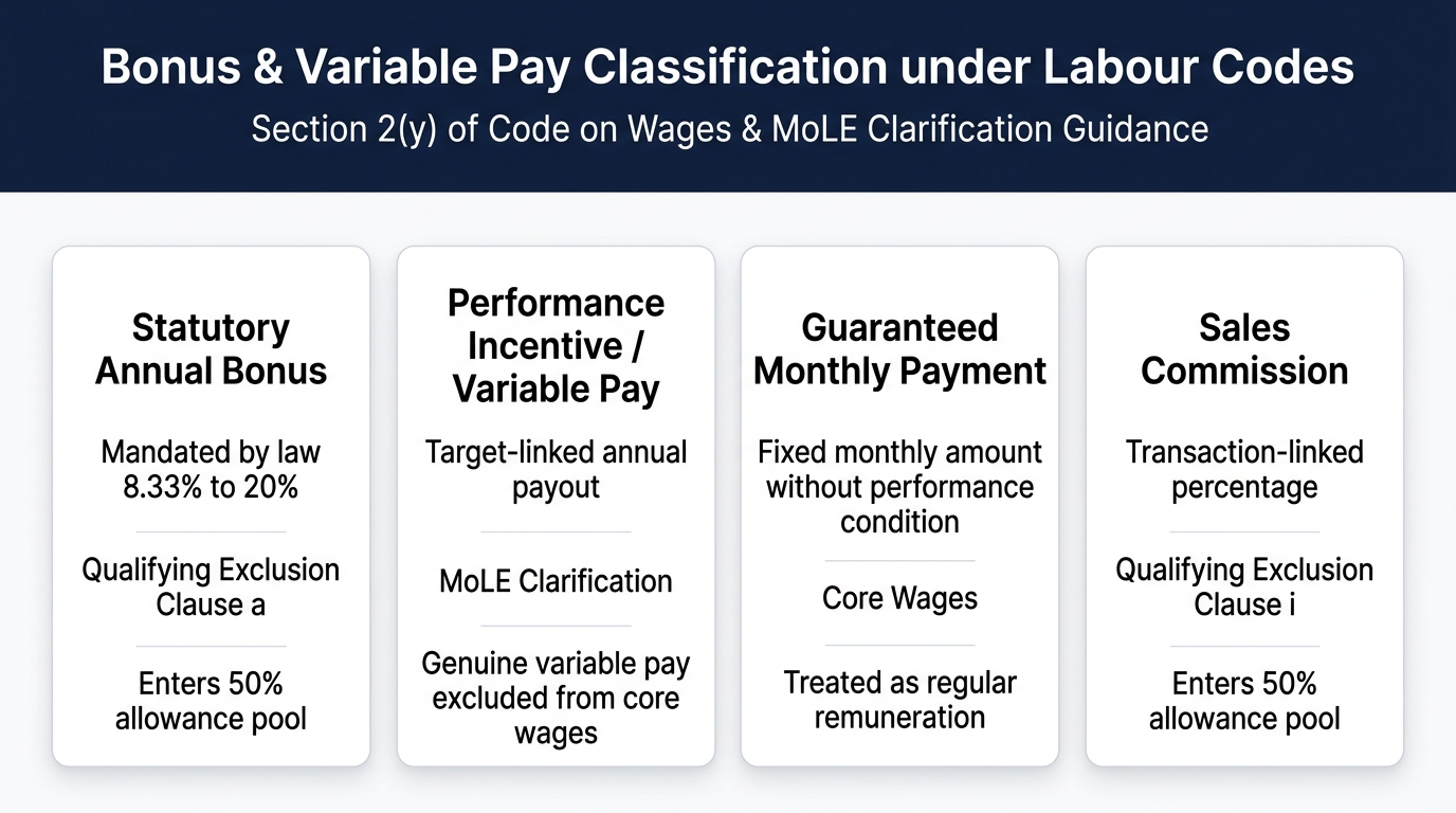 Bonus and Variable Pay Classification under Indian Labour Codes showing Statutory Bonus, Performance Incentive, Guaranteed Monthly Payment, and Commission