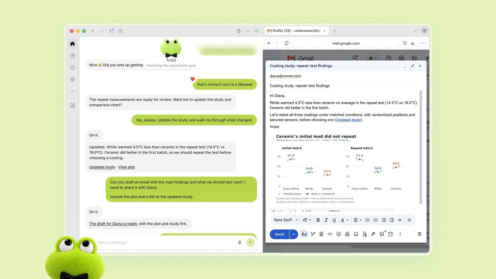 OpenAI dots product illustration showing an analysis update, email draft and comparison chart