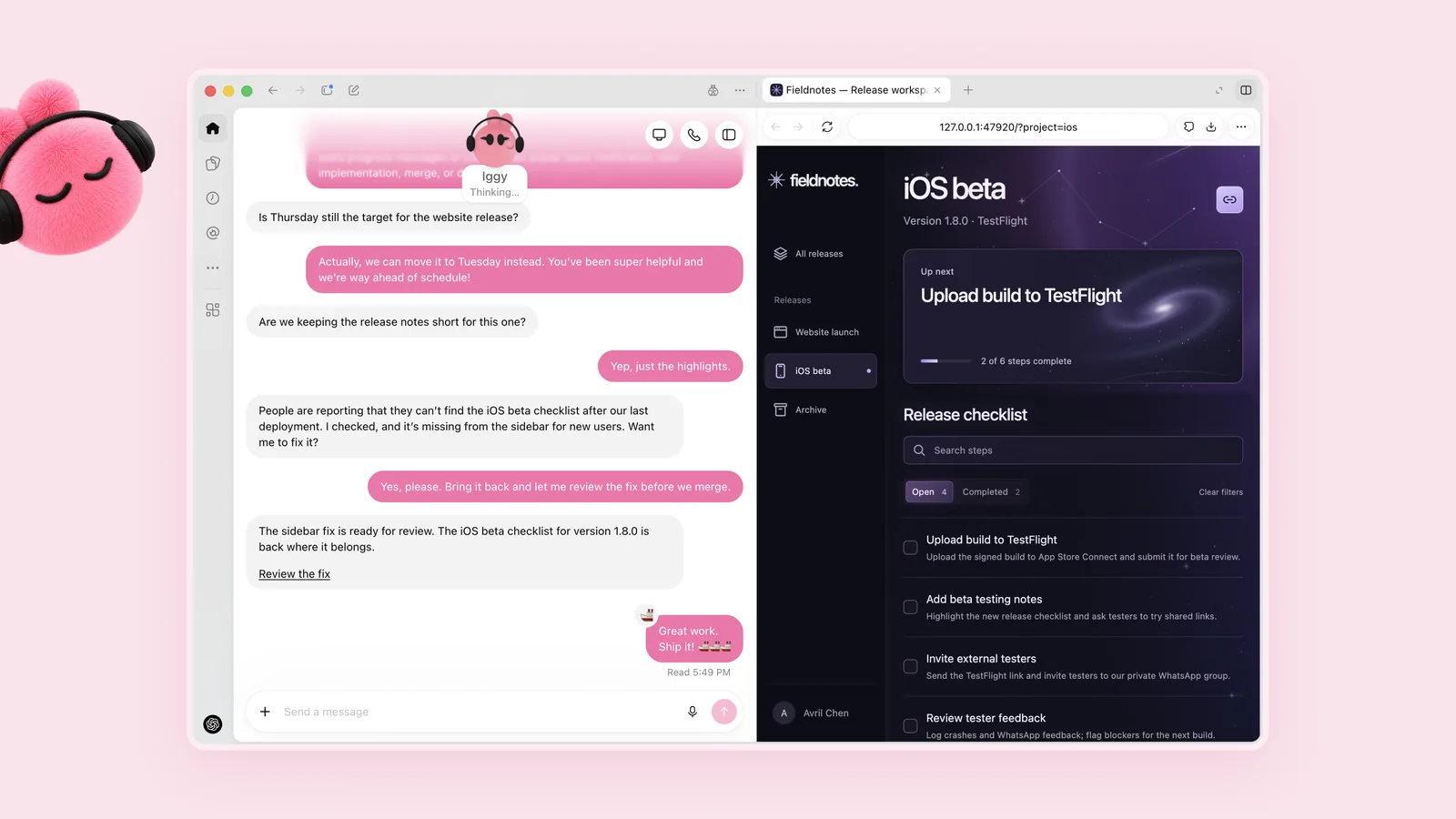 OpenAI dots product illustration showing software feedback and a release checklist fix