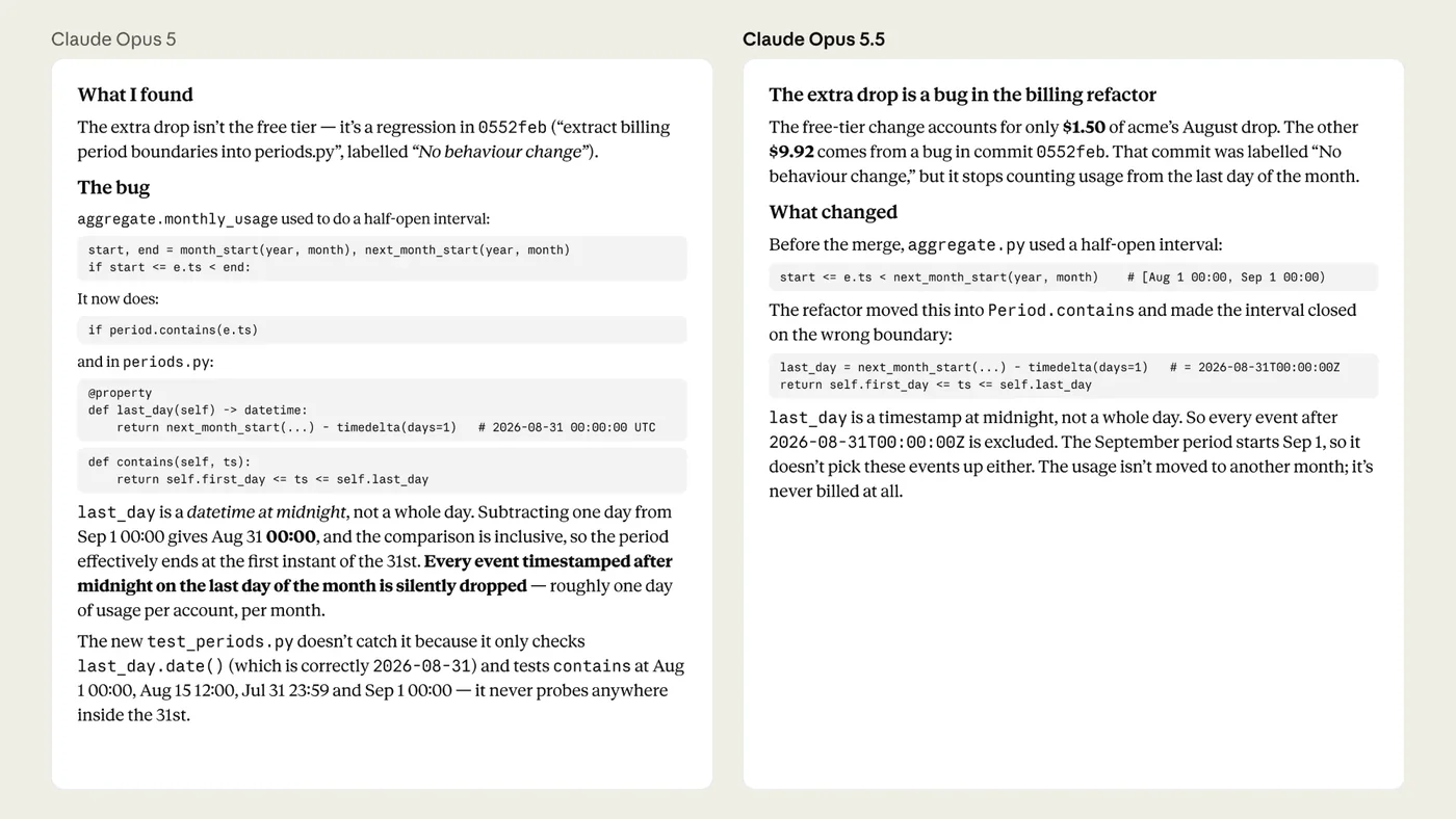 Side by side answers from Claude Opus 5 and Claude Opus 5.5 on the same billing bug