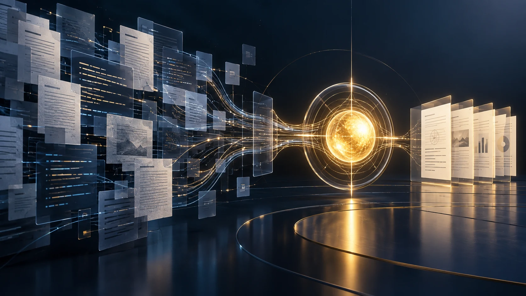 Concept illustration of layered documents and code flowing through a golden focal point into organized reports, with no people or product interface