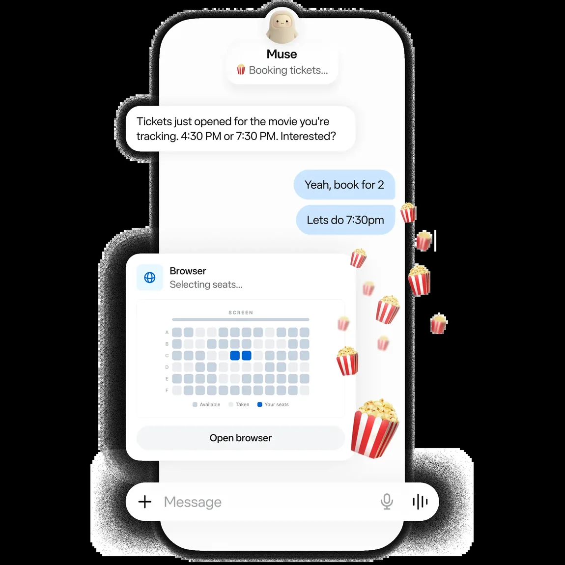 Official Muse product illustration showing a ticket booking task and browser seat selection