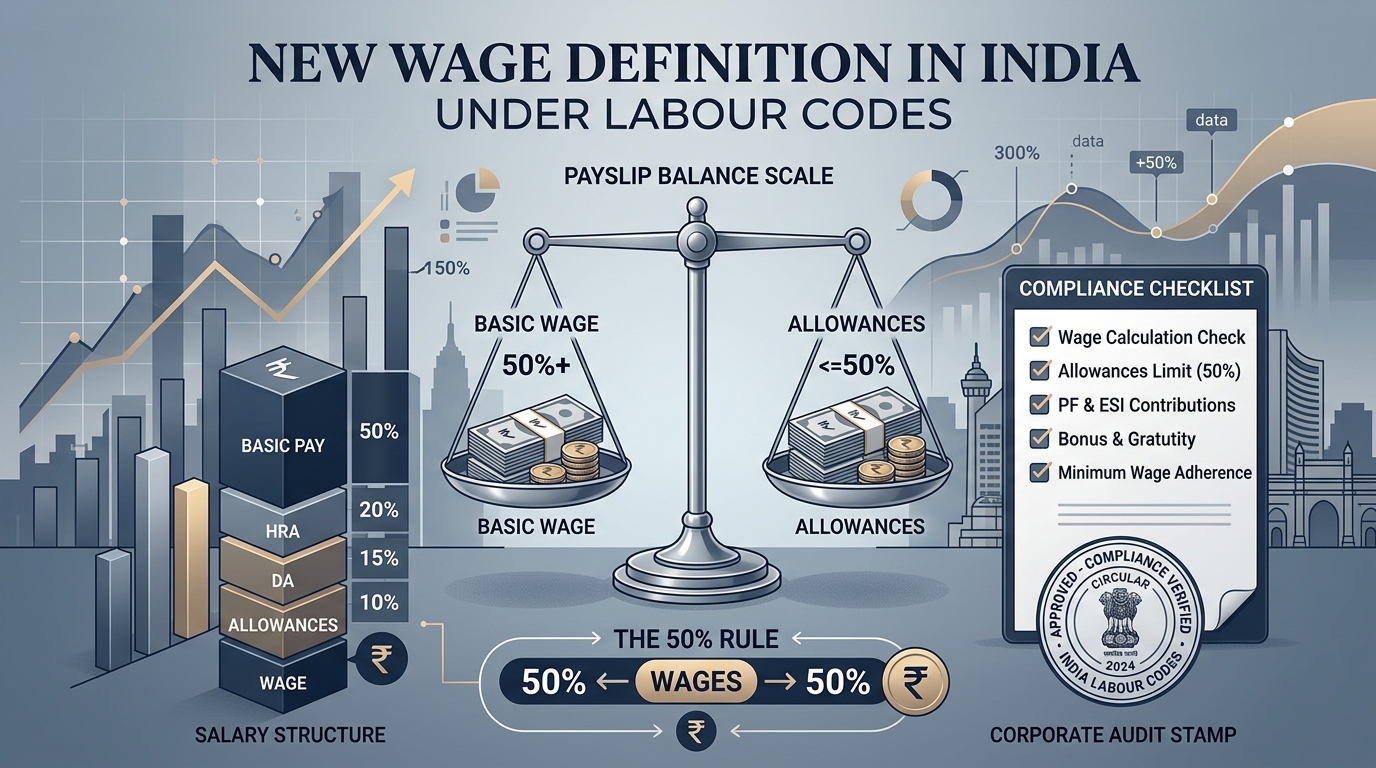 New Wage Definition in India Under Labour Codes showing payslip balance, 50 percent rule, and compliance checklist