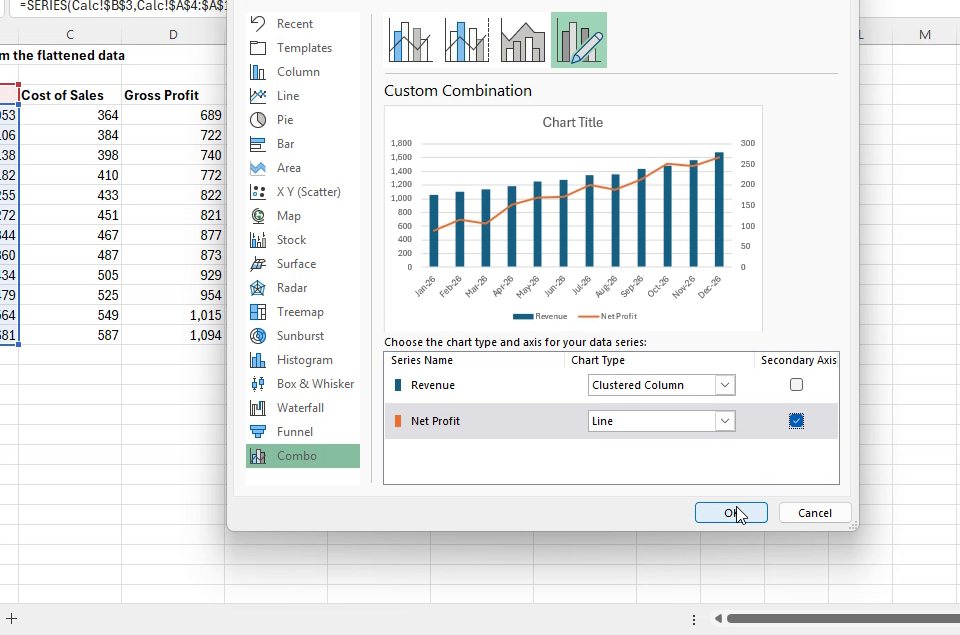 Excel build step 11: For the combination chart, assign net profit to the secondary axis if using a separate scale