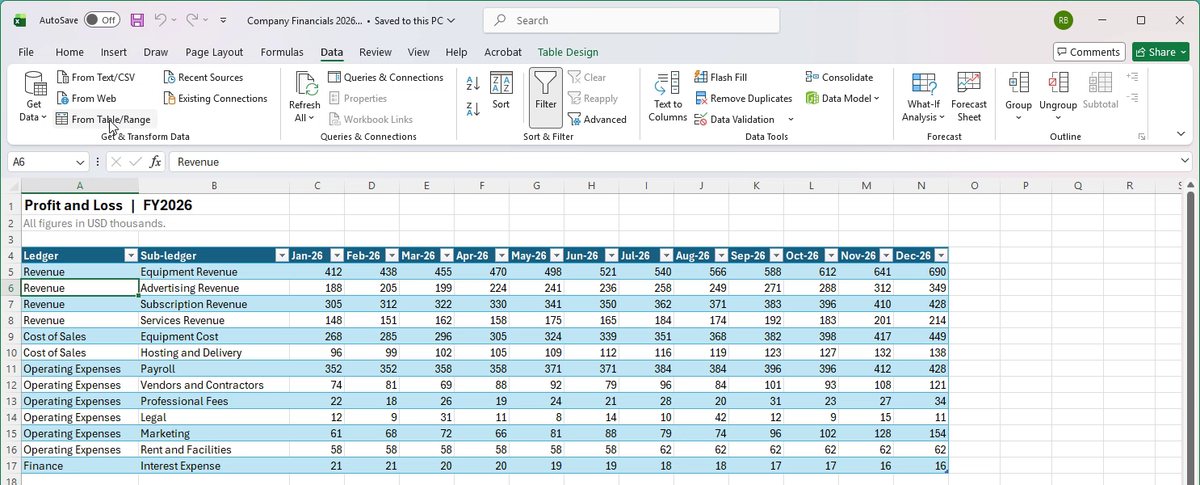 Excel build step 3: Choose Data > From Table/Range to open the source in Power Query when building a new query.