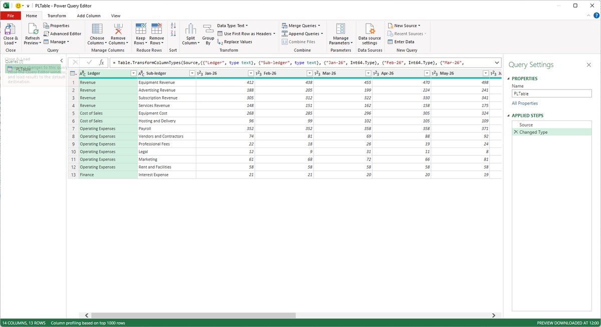Excel build step 4: Review the source columns and the Applied Steps list in the Power Query editor.