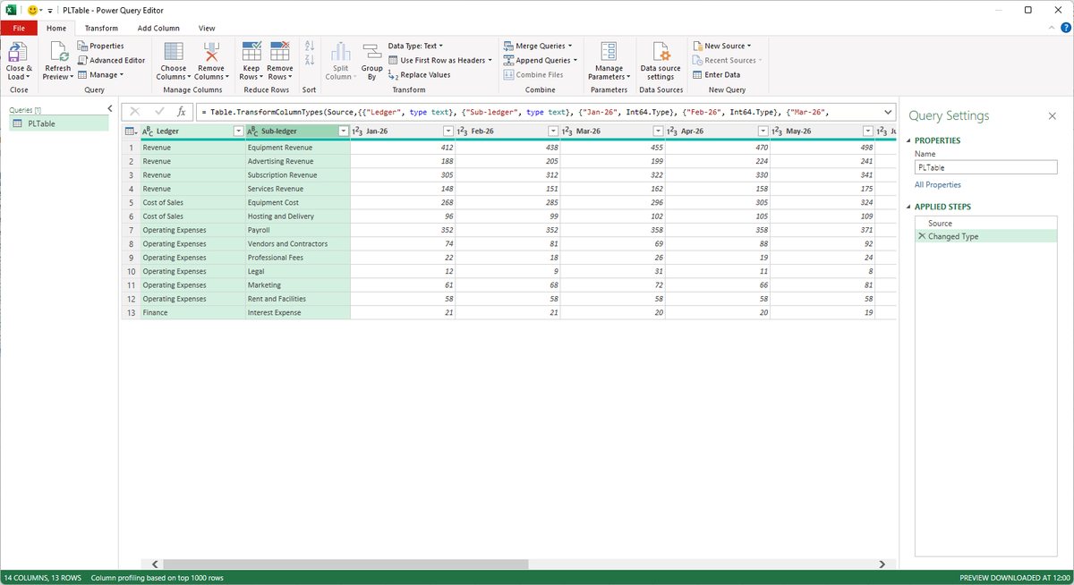 Excel build step 5: Select Ledger and Sub-ledger