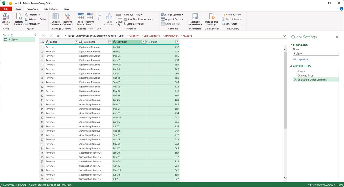 Excel build step 7: The sample has thirteen source lines across twelve months, producing 156 data rows.