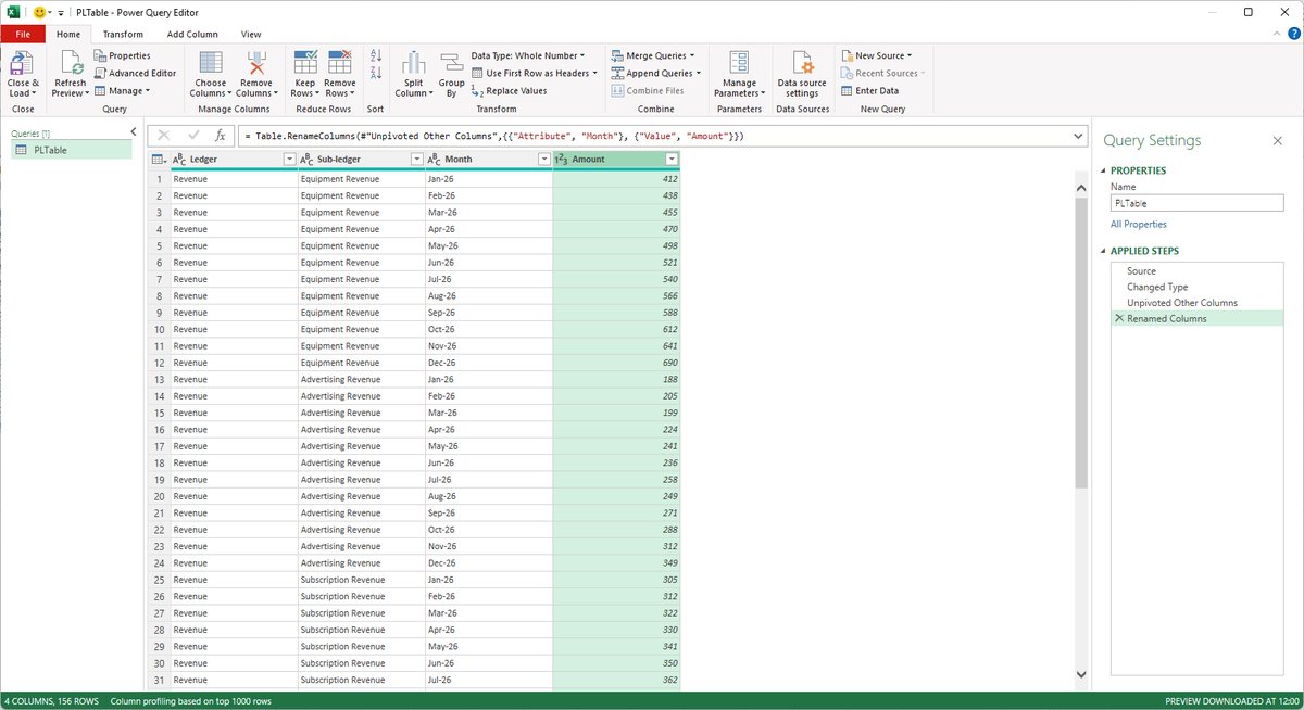 Excel build step 8: Rename Attribute to Month and Value to Amount