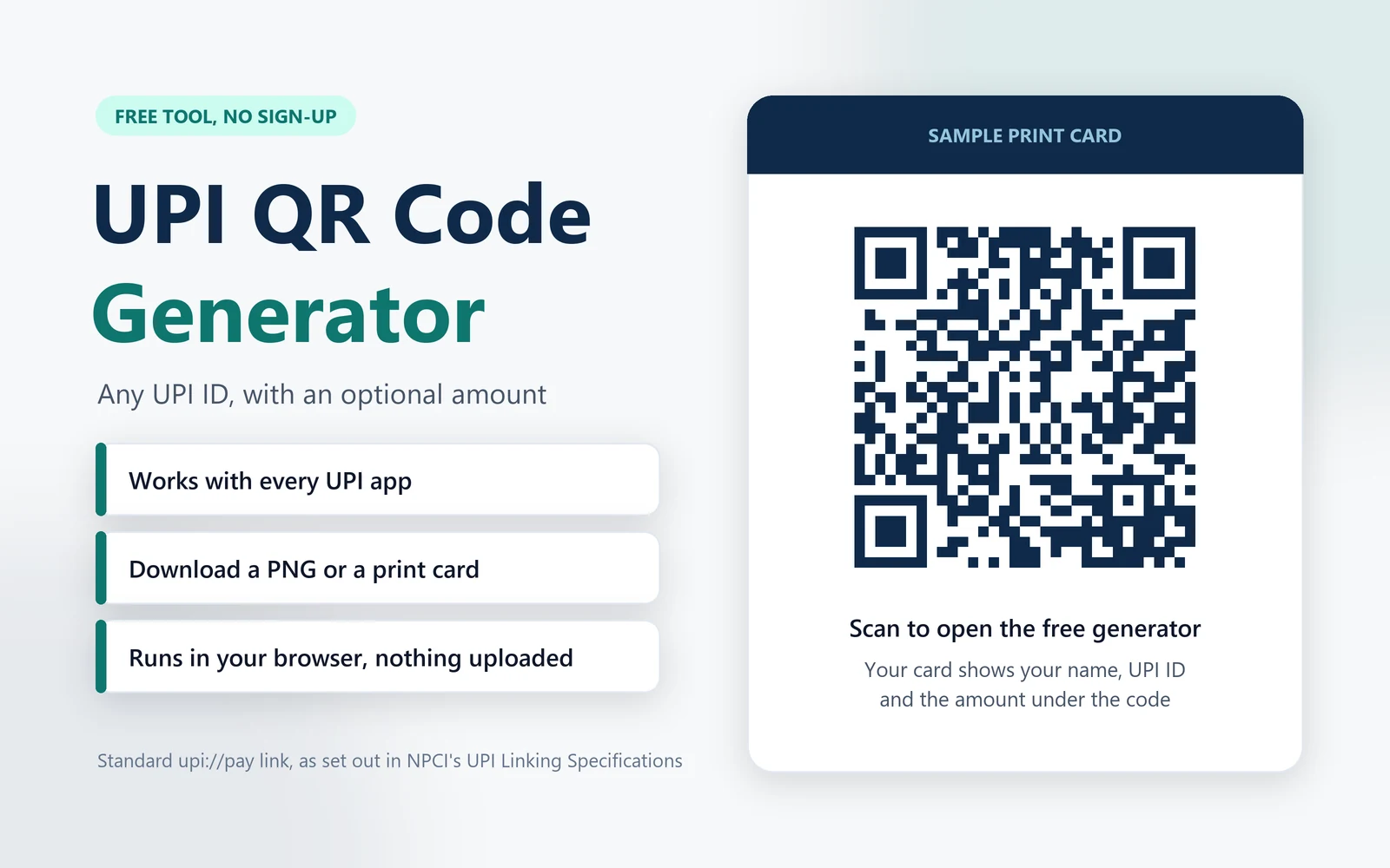 UPI QR code generator: make a free QR code for any UPI ID with an optional amount, then download it or print a card
