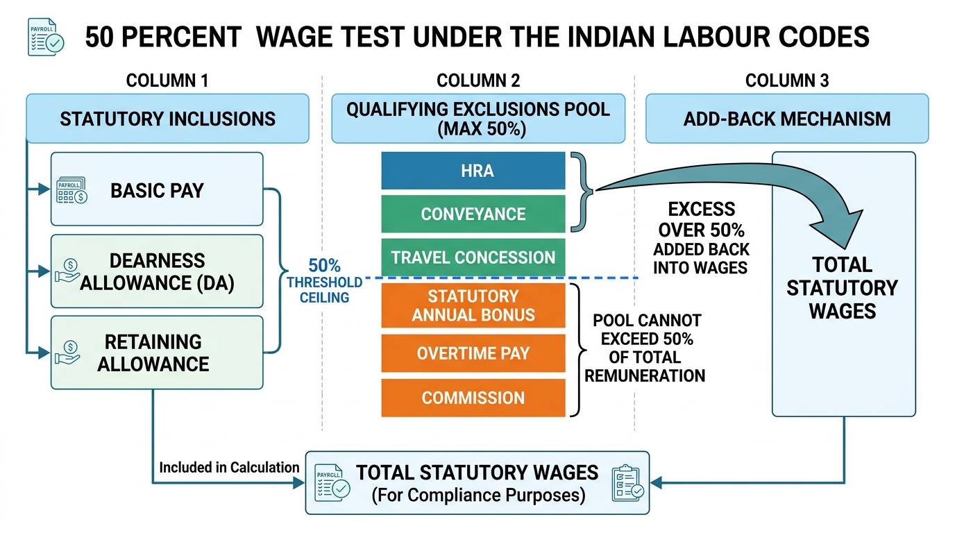Infographic illustrating the 50 percent wage test mechanism under Indian Labour Codes