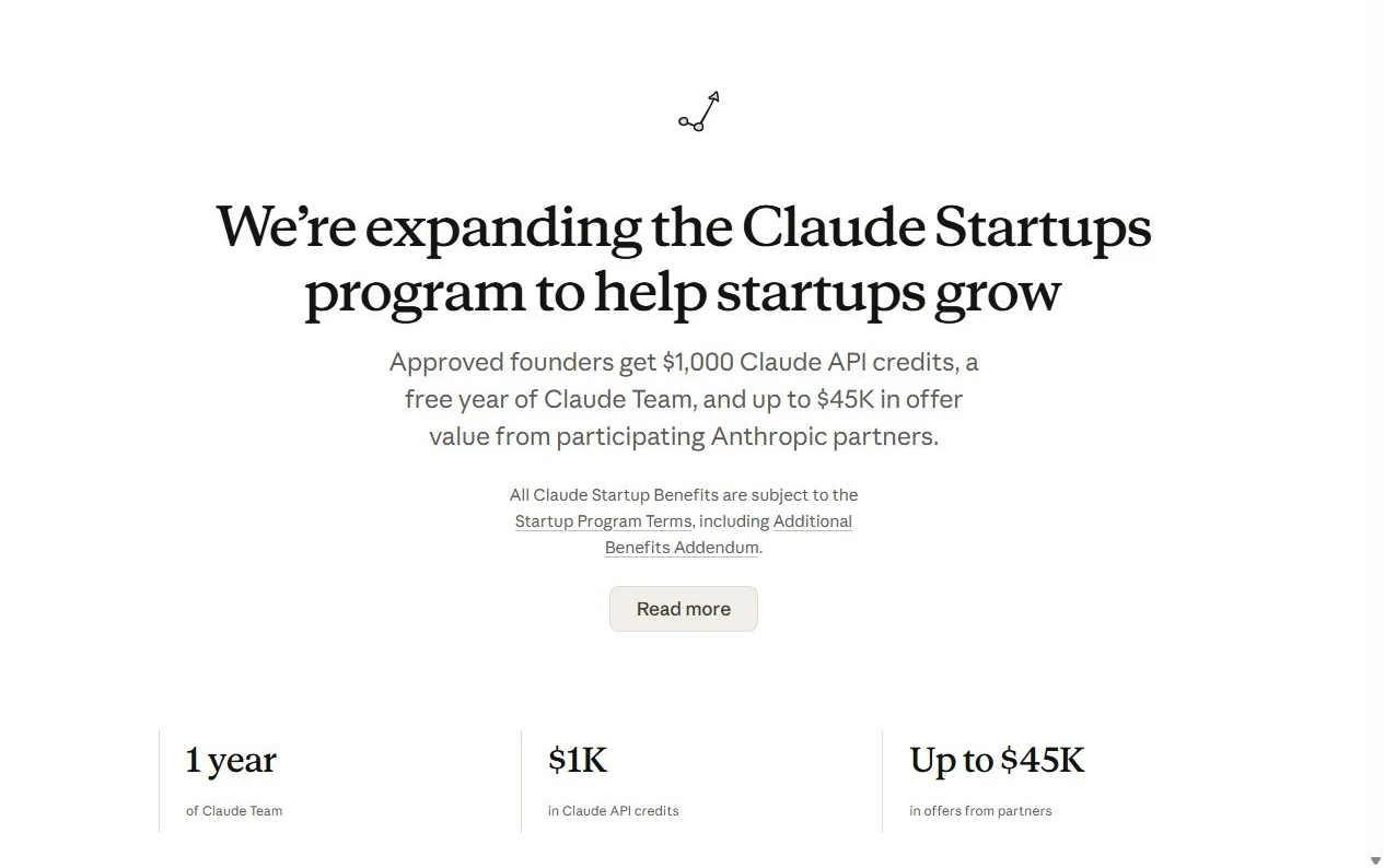 Claude for Startups benefits showing one year of Team, $1,000 API credits and up to $45,000 in partner offers