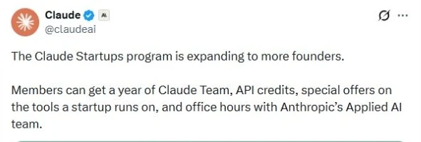 Claude's official 6 October 2026 announcement expanding its startup program to more founders