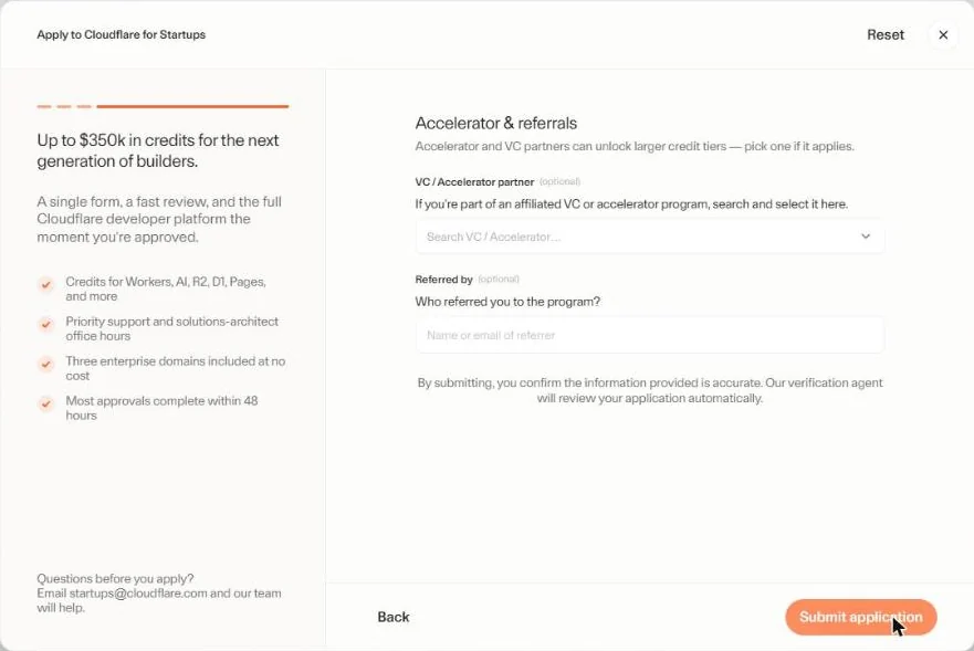 Cloudflare for Startups accelerator and referral step with the Submit application button