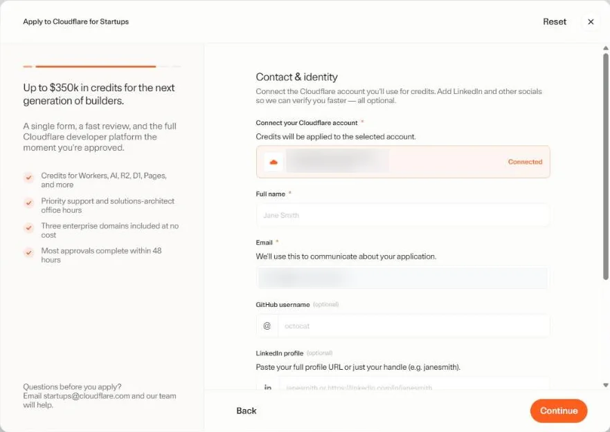 Cloudflare account connected in the Cloudflare for Startups application