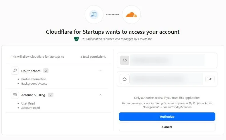 Cloudflare for Startups OAuth consent screen listing four read-only permissions