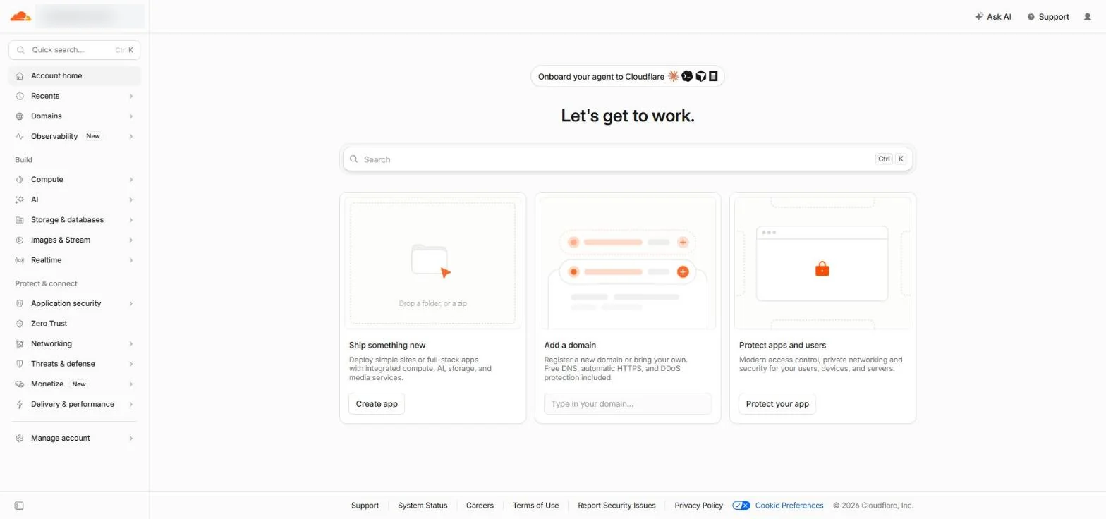 New Cloudflare dashboard after signing up with a business email