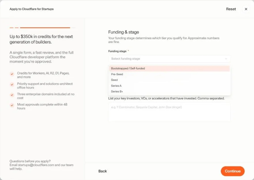 Cloudflare for Startups funding stage options from Bootstrapped to Series B plus
