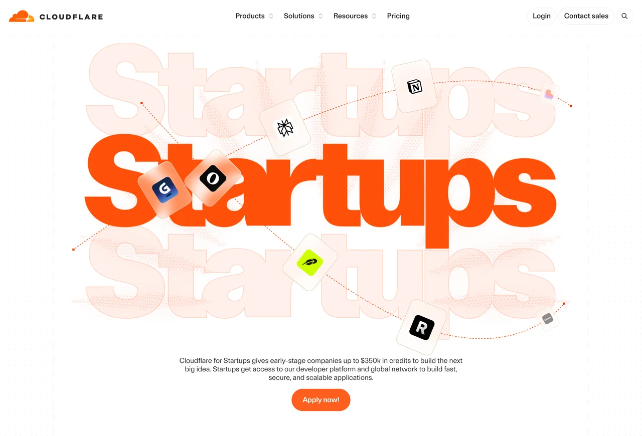 Cloudflare for Startups program page with the Apply now button