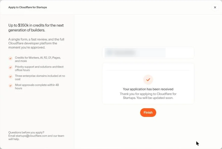 Cloudflare for Startups application received confirmation