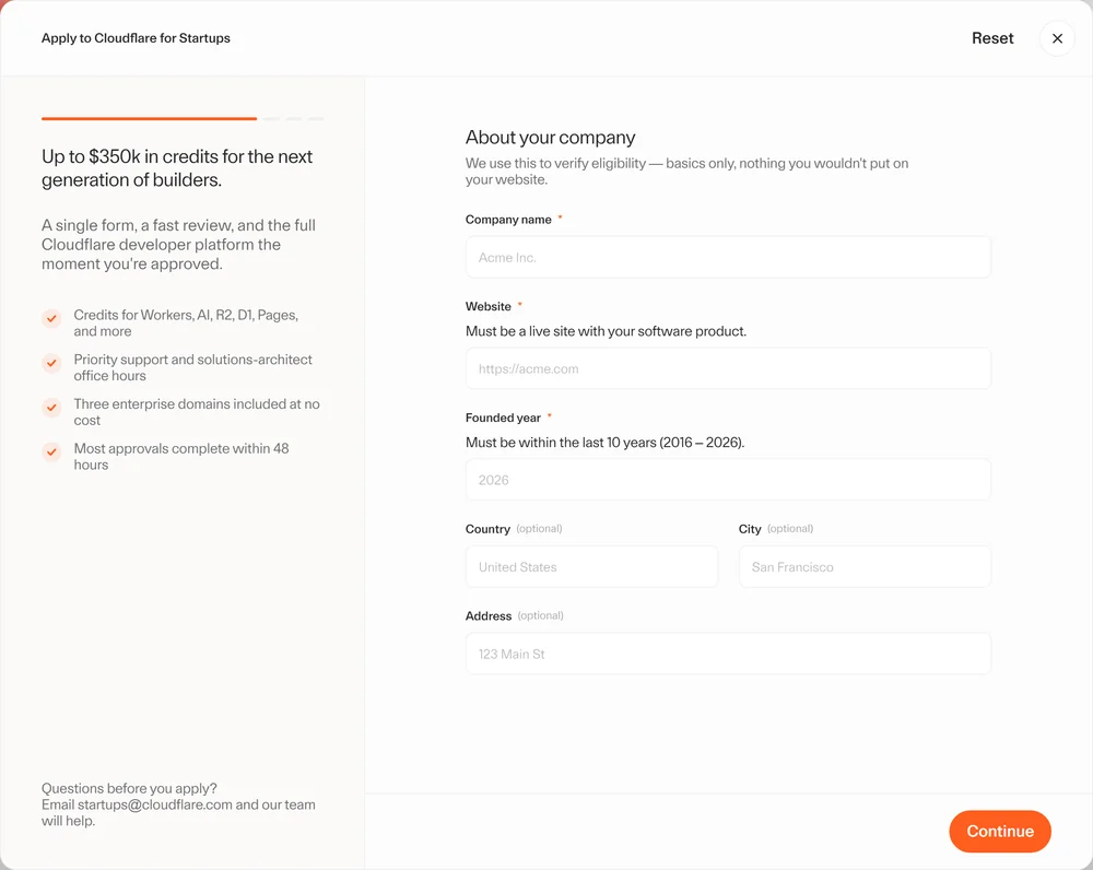 Cloudflare for Startups application, step 1: About your company