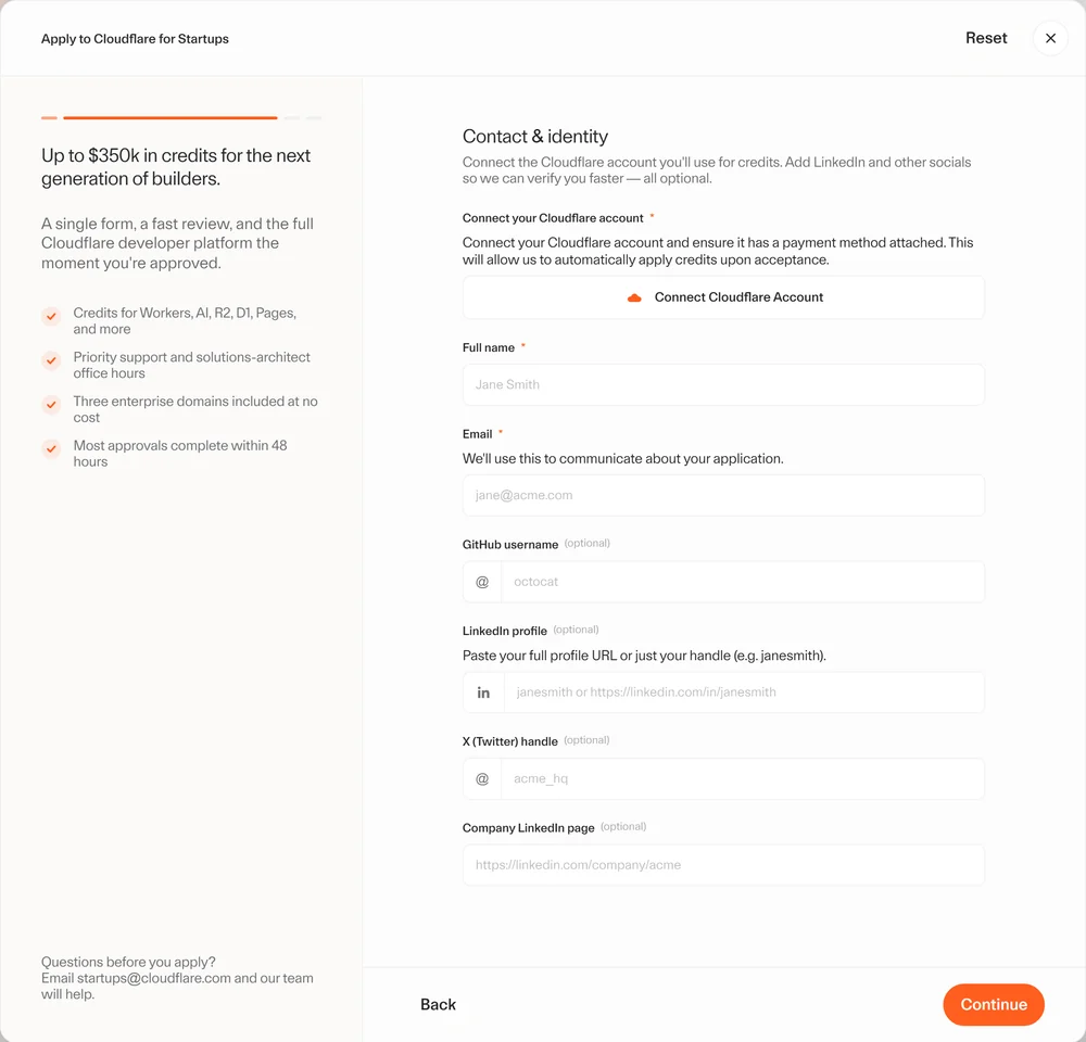 Cloudflare for Startups contact step with the Connect Cloudflare Account button