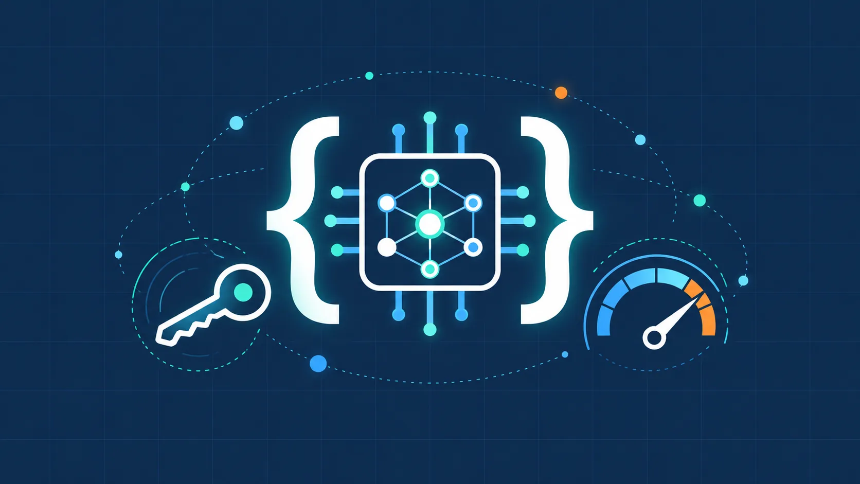 Free AI API credits: code brackets around a neural-network chip, with an API key and a rate-limit gauge