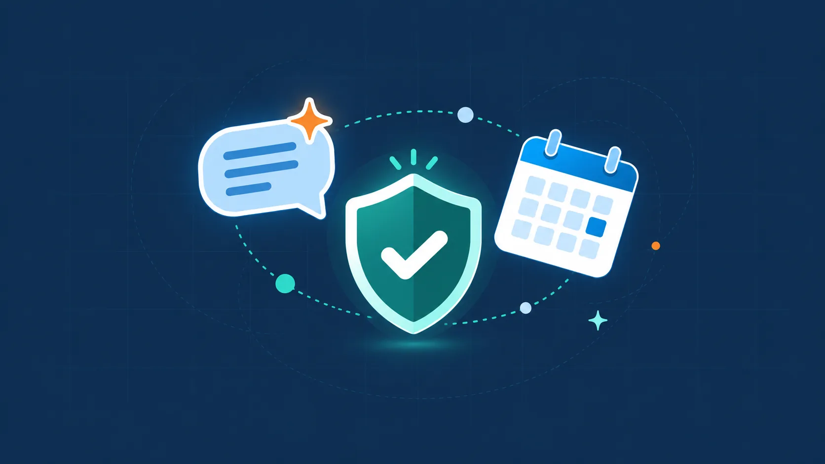 Free AI subscription offers: a chat bubble, a calendar of free months and a shield with a check mark for staying safe from scams