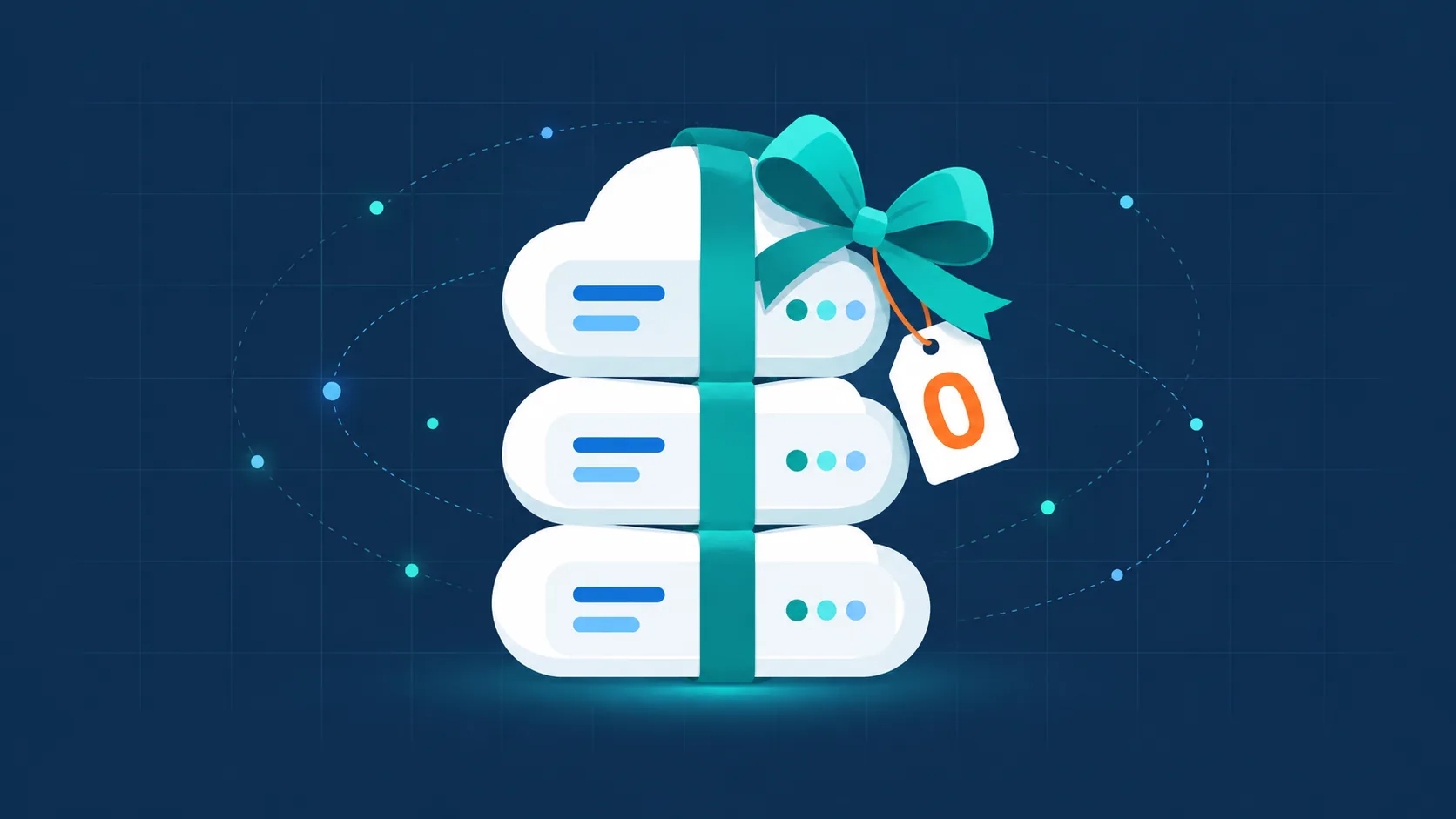 Free cloud credits: stacked cloud servers wrapped in a gift ribbon with a zero price tag