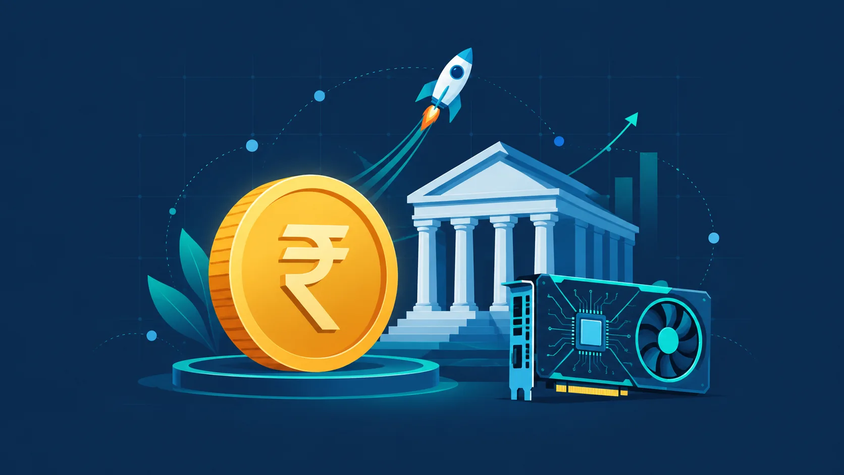 Startup credits and grants in India: a rupee coin beside a government building and a GPU card, with a rocket