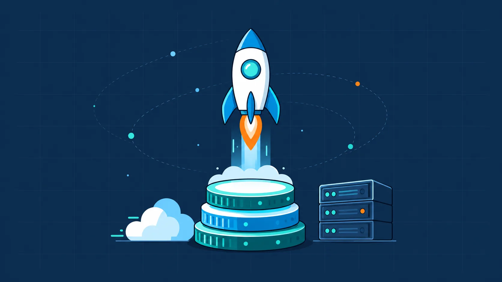 Free credits for startups: a rocket lifting off from a stack of credit tokens beside a cloud and a server rack