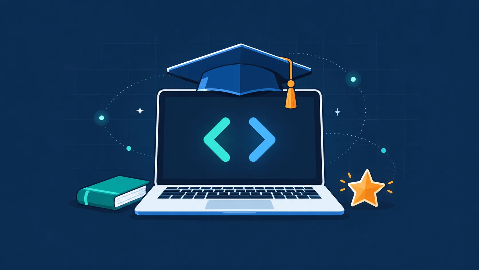 Free credits for students: a graduation cap on a laptop showing code, with a book and a star badge