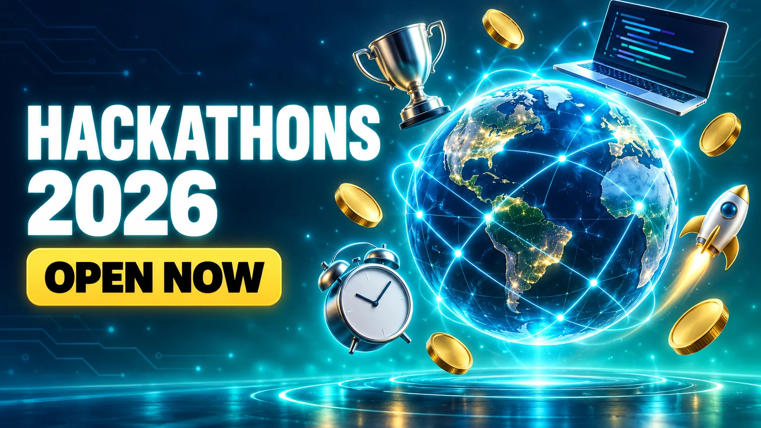 Hackathons 2026: open online hackathons with prizes, a glowing globe with a trophy, laptop and countdown clock