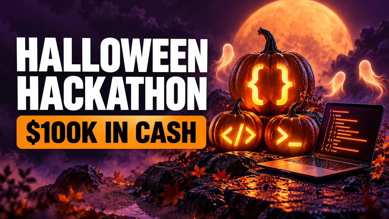 Kiroween 2026 hackathon hero image: a glowing jack-o'-lantern beside a laptop showing an AI code editor on a dark Halloween desk